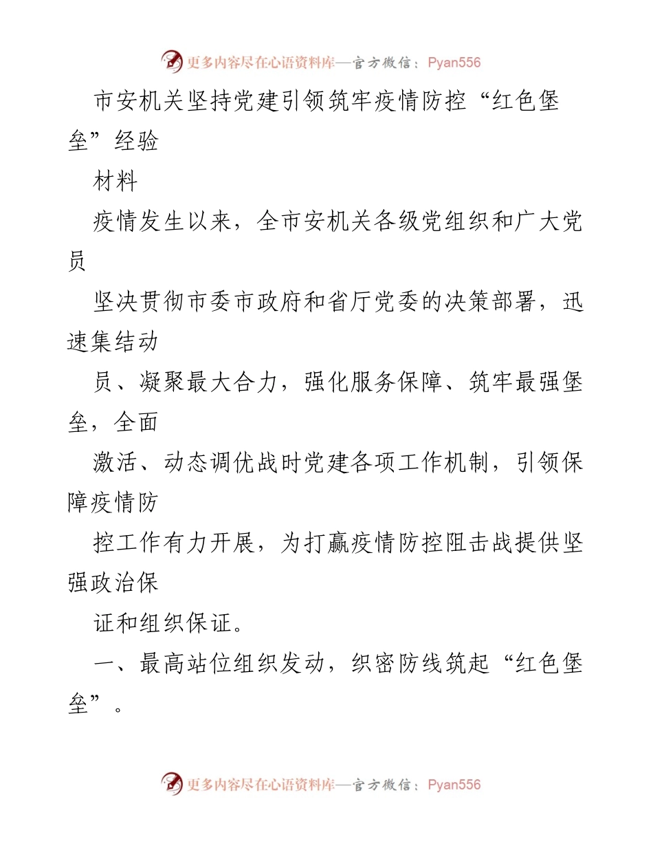 [材料] 疫情防控 - 市安机关党建引领疫情防控经验总结.docx_第1页