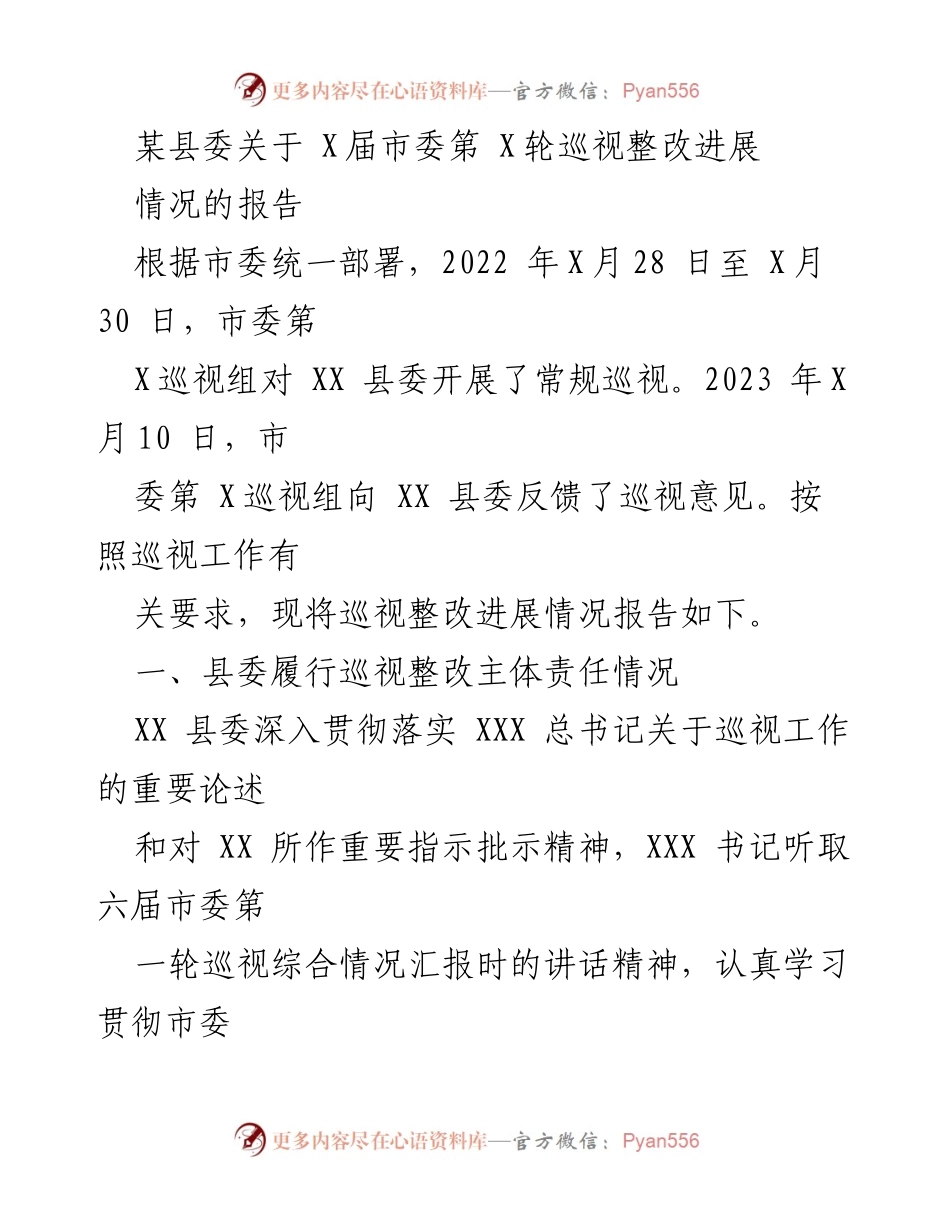 [报告] 县委 - X届市委巡视整改进展情况报告.docx_第1页