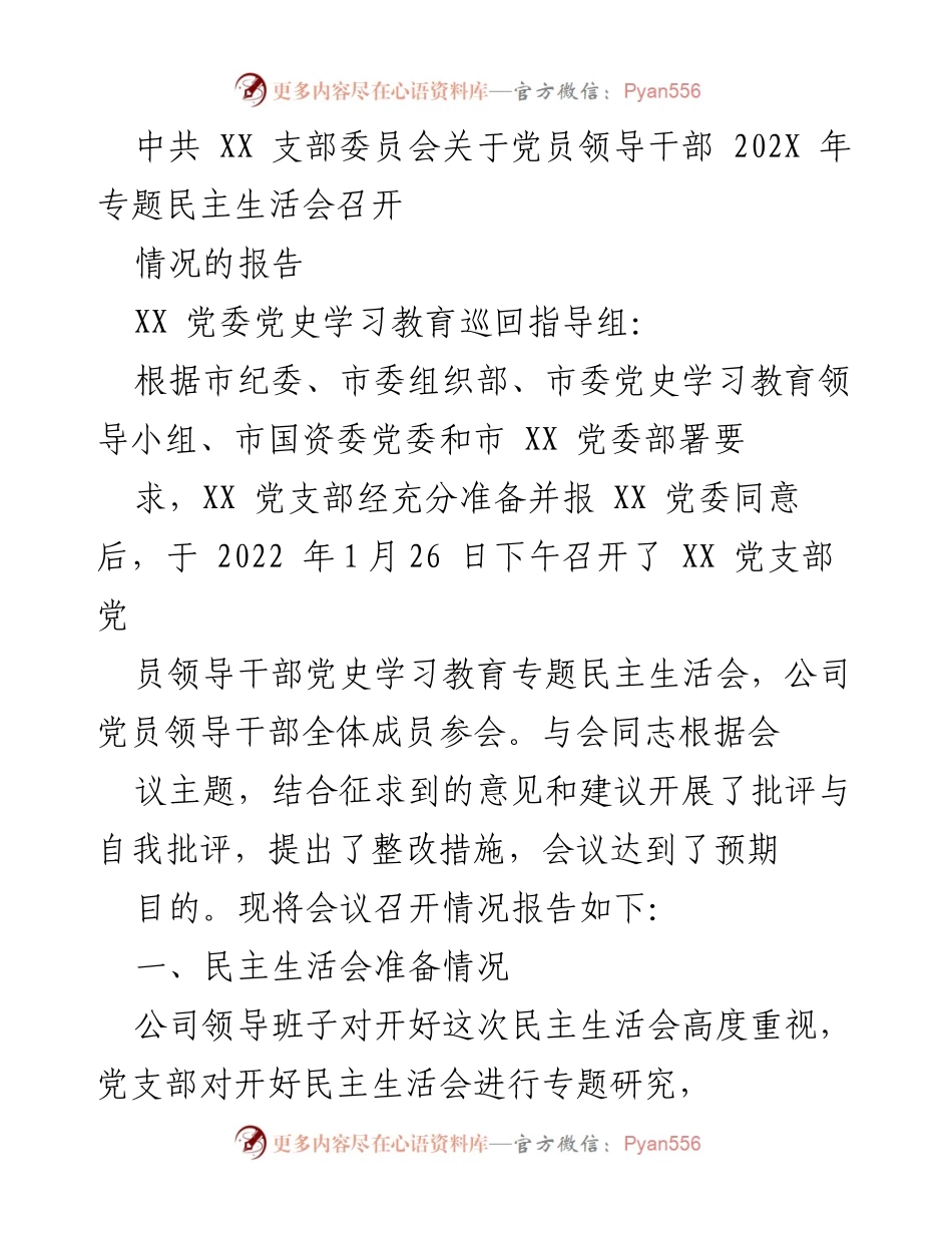 [报告] 会议 - 中共XX支部党员领导干部202X年专题民主生活会召开情况报告.docx_第1页