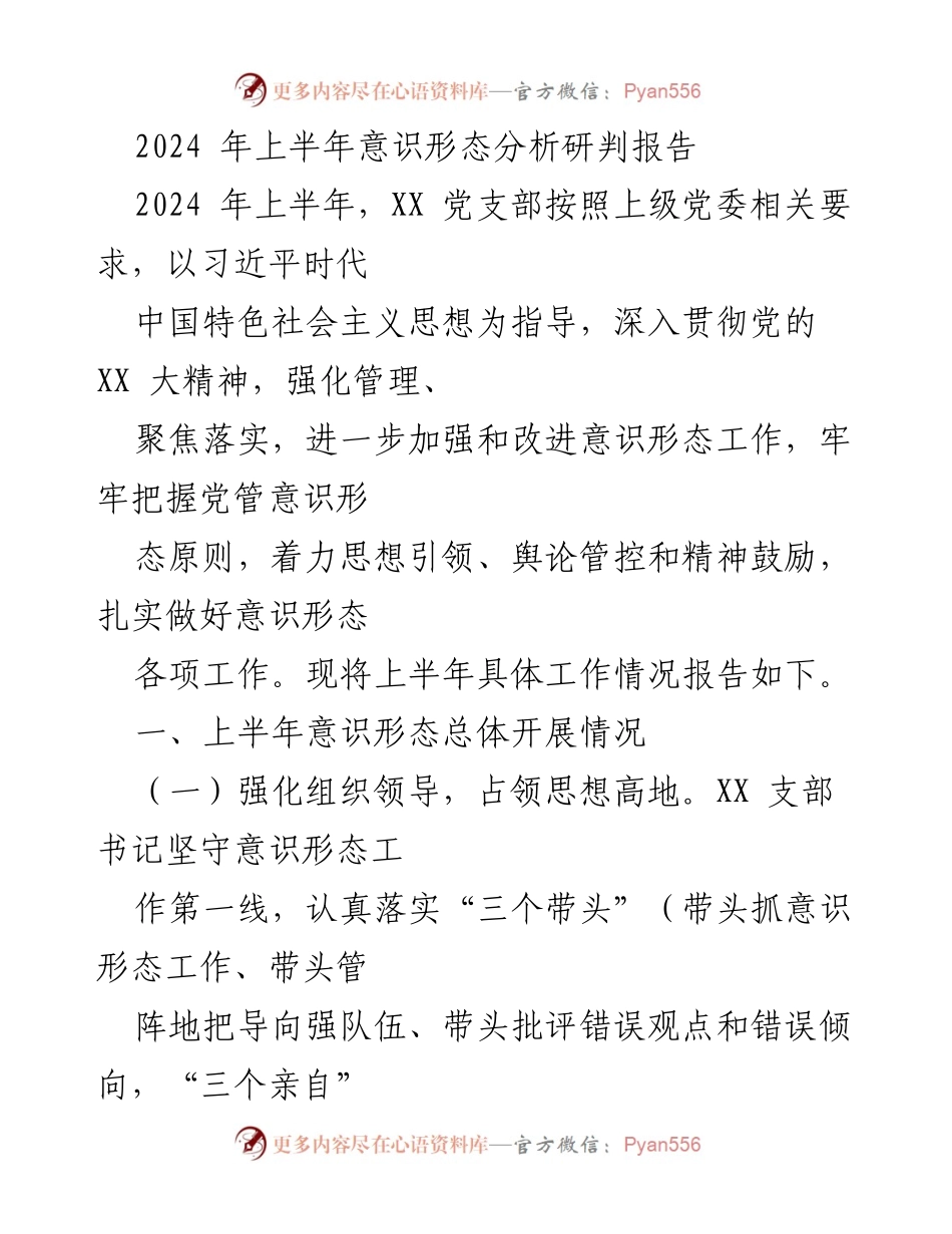 [调研报告] 党支部工作 - 2024年上半年意识形态工作分析与风险评估报告.docx_第1页