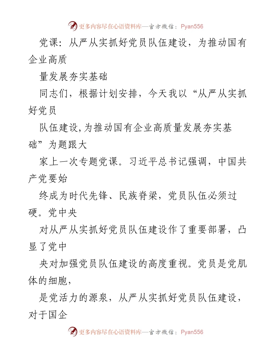 [党课] 党员队伍建设 - 从严从实抓好党员队伍建设，为推动国有企业高质量发展夯实基础.docx_第1页