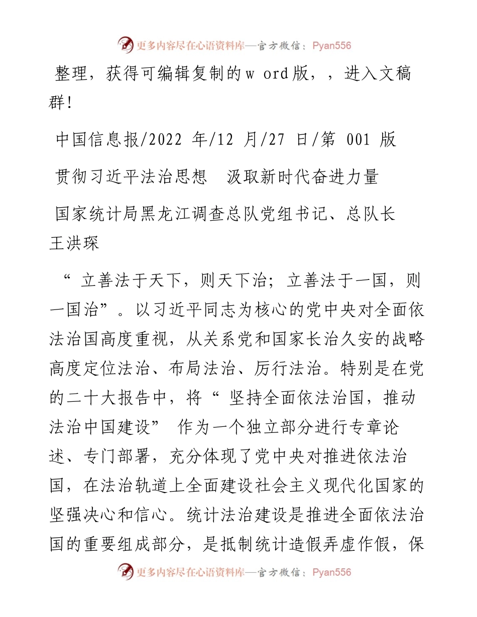 .12.27国家统计局黑龙江调查总队党组书记、总队长王洪琛：贯彻习近平法治思想汲取新时代奋进力量.docx_第1页