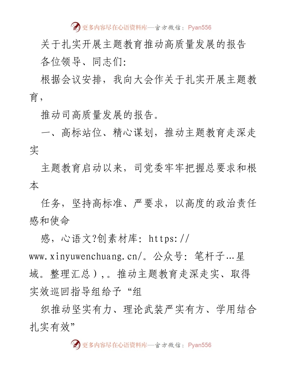 [报告] 会议 - 扎实开展主题教育推动高质量发展的工作报告.docx_第1页