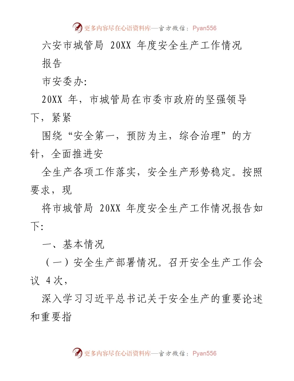 [报告] 城管局年度工作汇报 - 六安市城管局202X年度安全生产工作总结.docx_第1页
