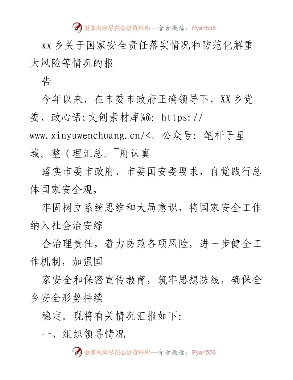 [报告] 工作汇报 - XX乡国家安全责任落实与风险防范工作总结.docx_第1页