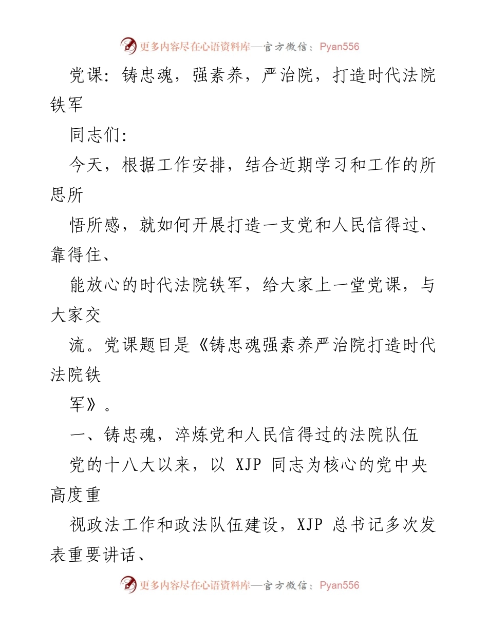 [党课] 政法队伍建设 - 《铸忠魂、强素养、严治院：打造时代法院铁军》.docx_第1页