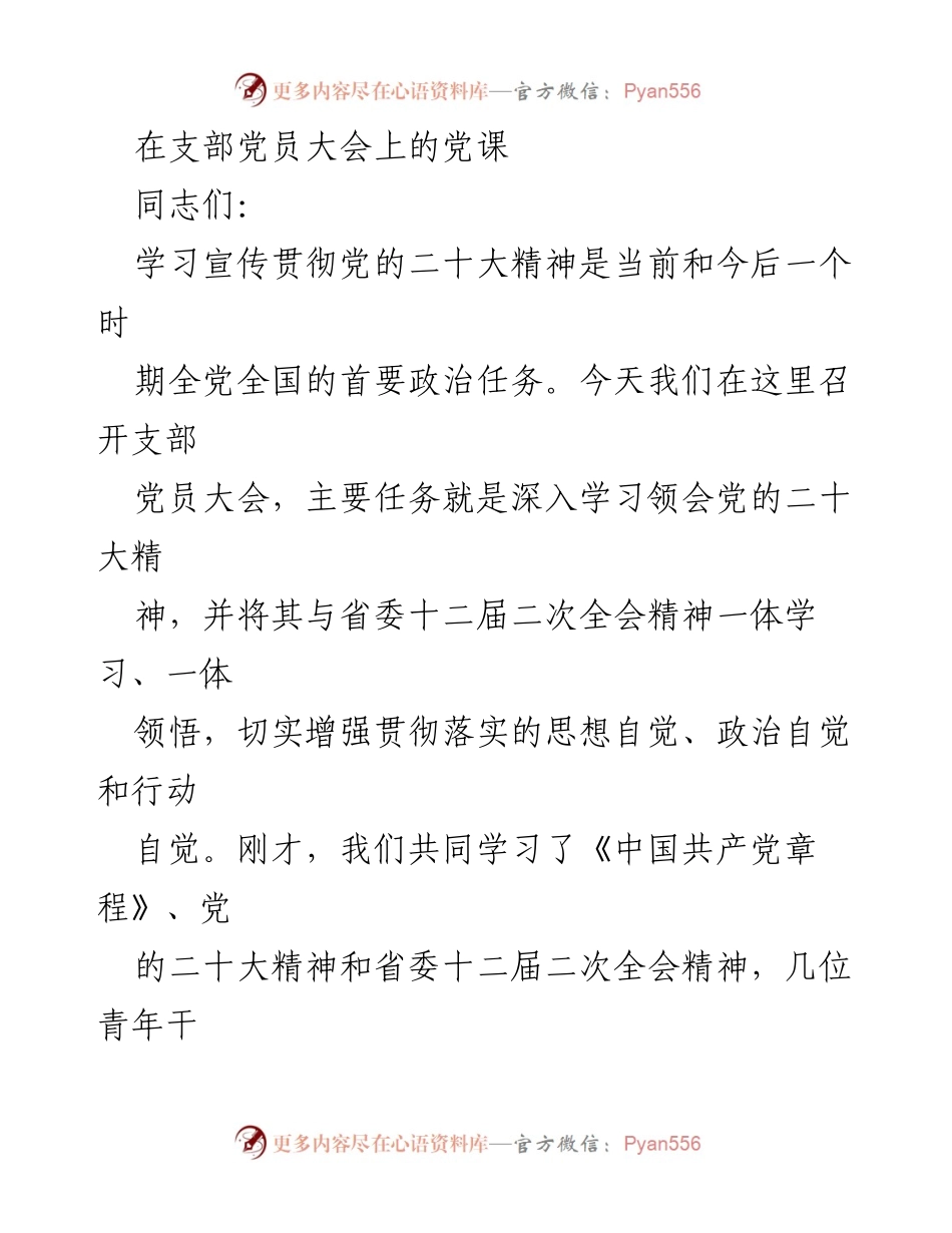 [党课] 支部党员大会 - 深入学习贯彻党的二十大精神与省委十二届二次全会精神.docx_第1页