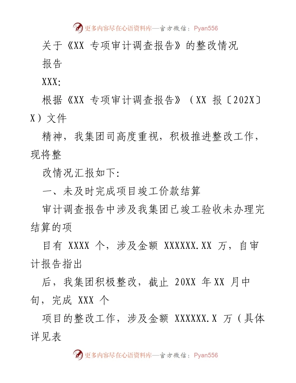 [报告] 整改情况汇报 - 《XX 专项审计调查报告》整改情况汇报.docx_第1页