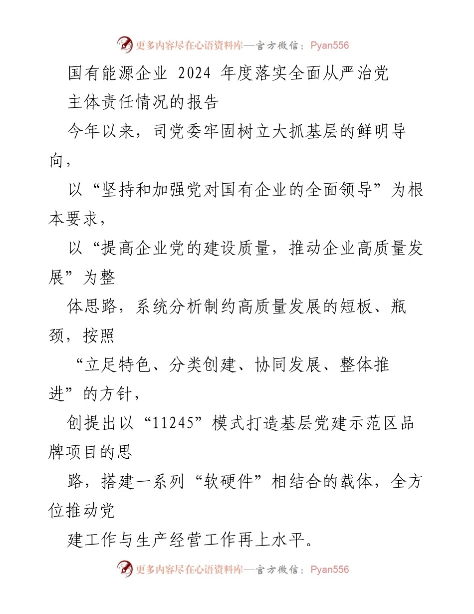 [报告] 国有能源企业 - 2024年度全面从严治党主体责任落实情况分析报告.docx_第1页