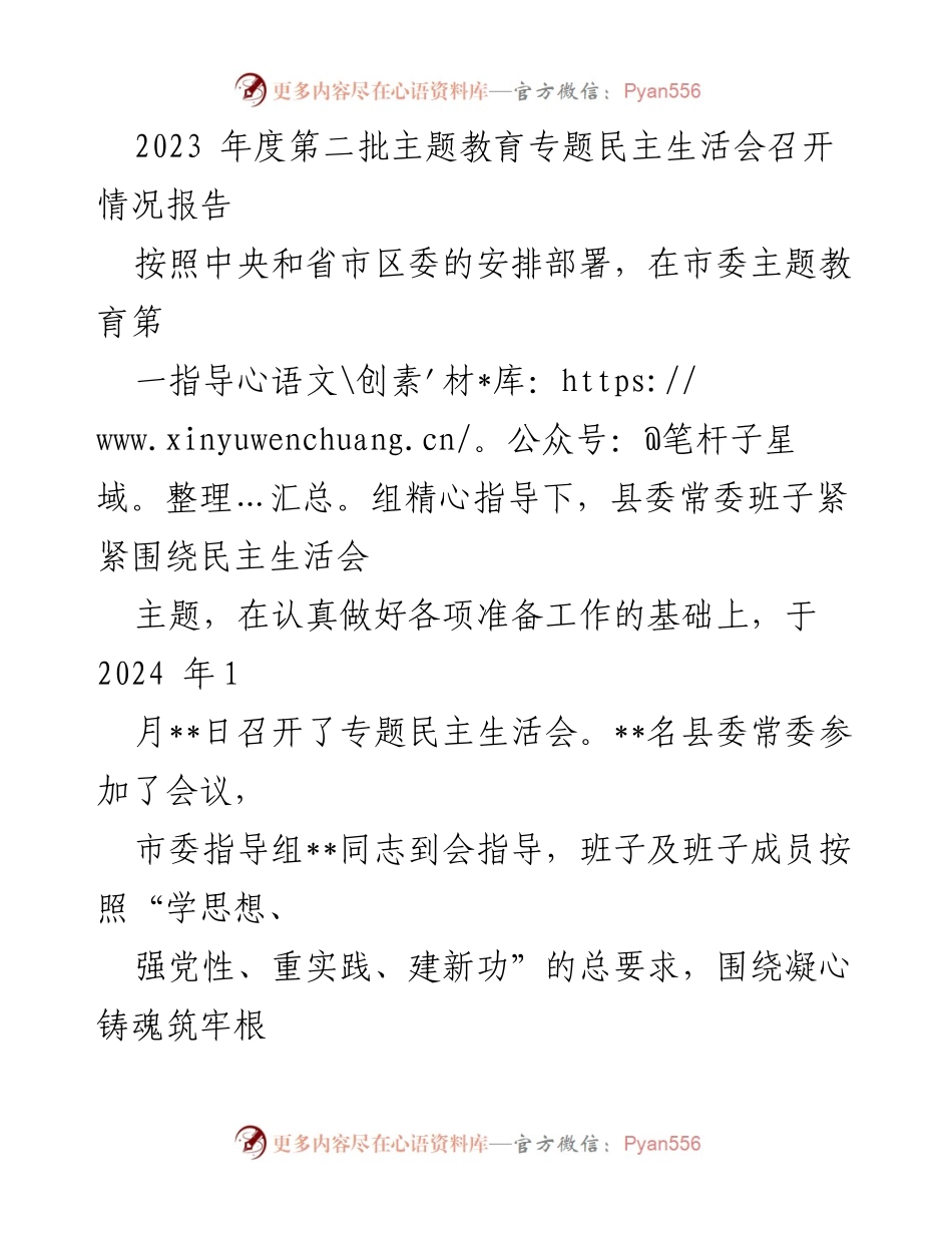 [报告] 会议 - 2023年度第二批主题教育专题民主生活会召开情况报告.docx_第1页
