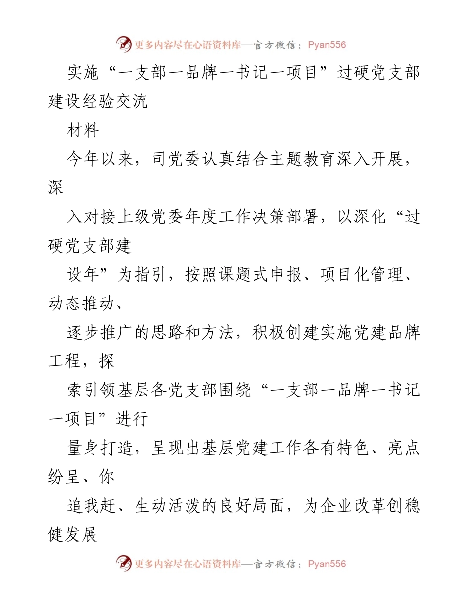 [材料] 经验交流会 - “一支部一品牌一书记一项目”党建品牌建设经验分享.docx_第1页