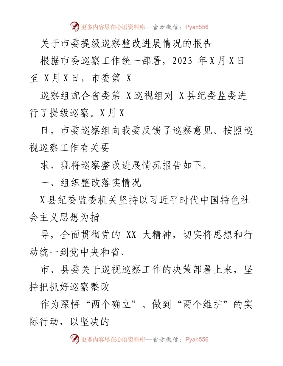 [报告] 巡察整改 - 市委提级巡察整改进展情况报告.docx_第1页