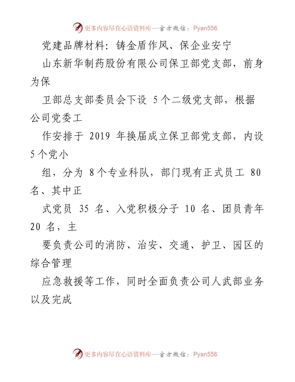 [党建材料] 企业党建活动 - “铸金盾作风，保企业安宁”——山东新华制药保卫部党建品牌建设总结.docx_第1页