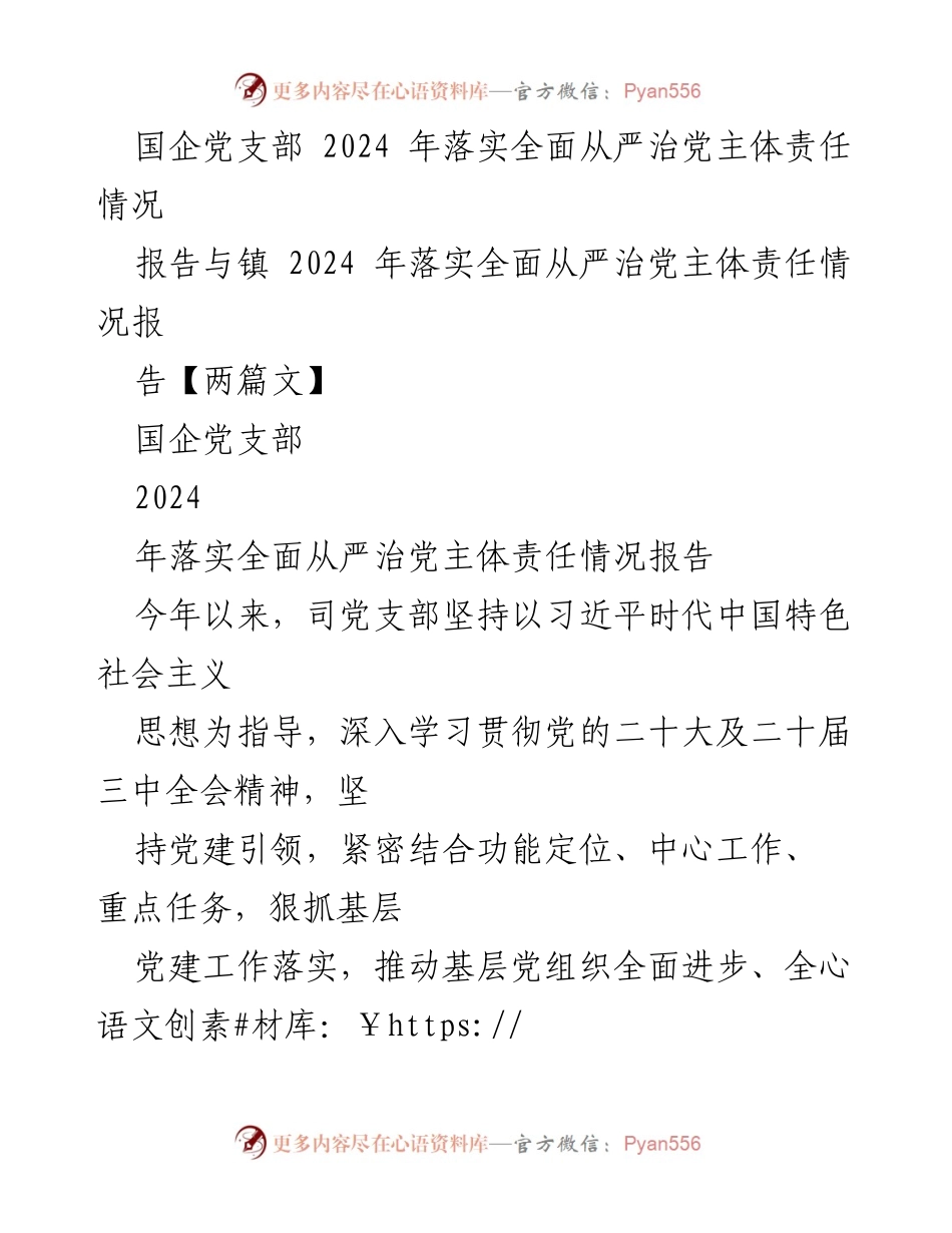 [报告] 国企党支部 - 2024年全面从严治党主体责任落实情况总结.docx_第1页