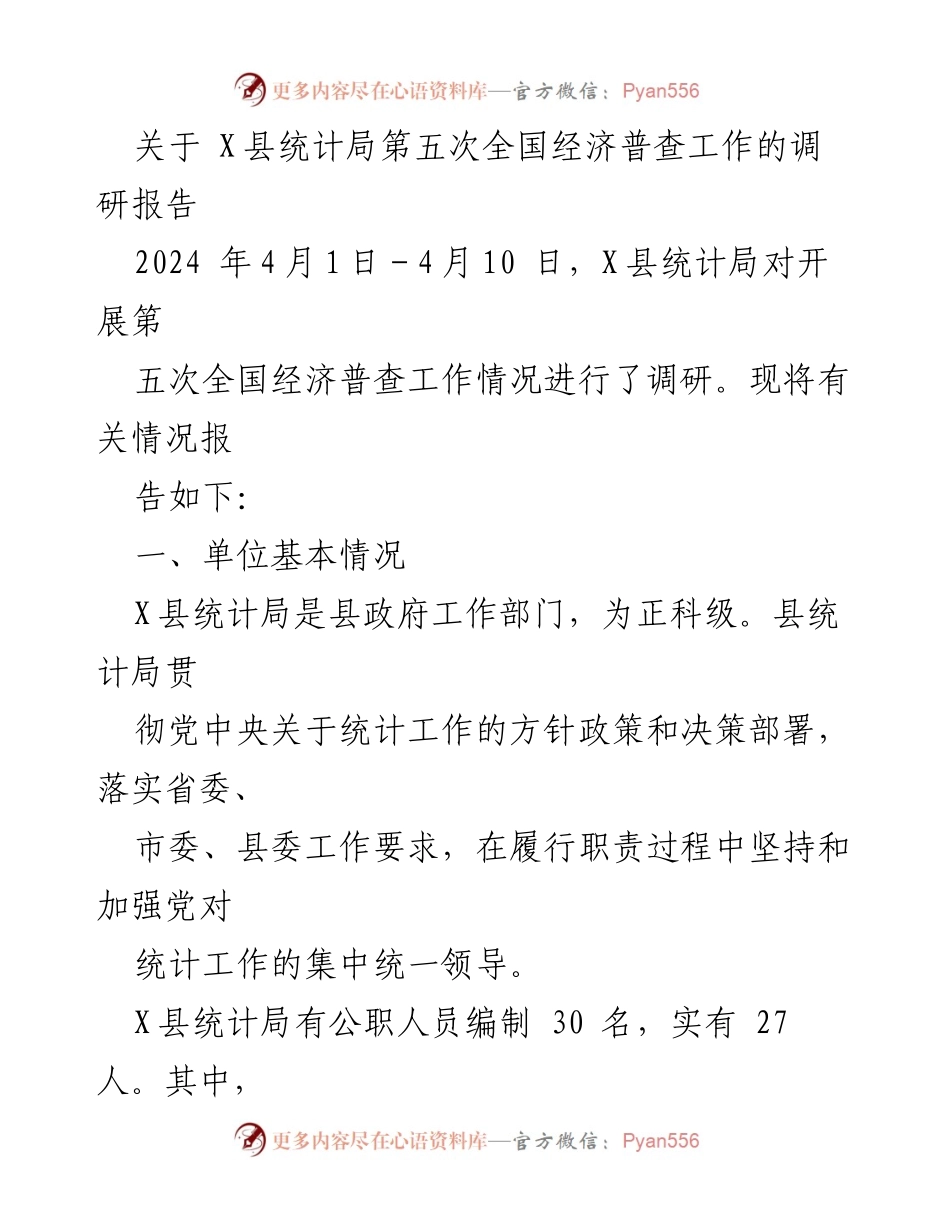 [调研报告] X县统计局 - 第五次全国经济普查工作调研情况分析.docx_第1页