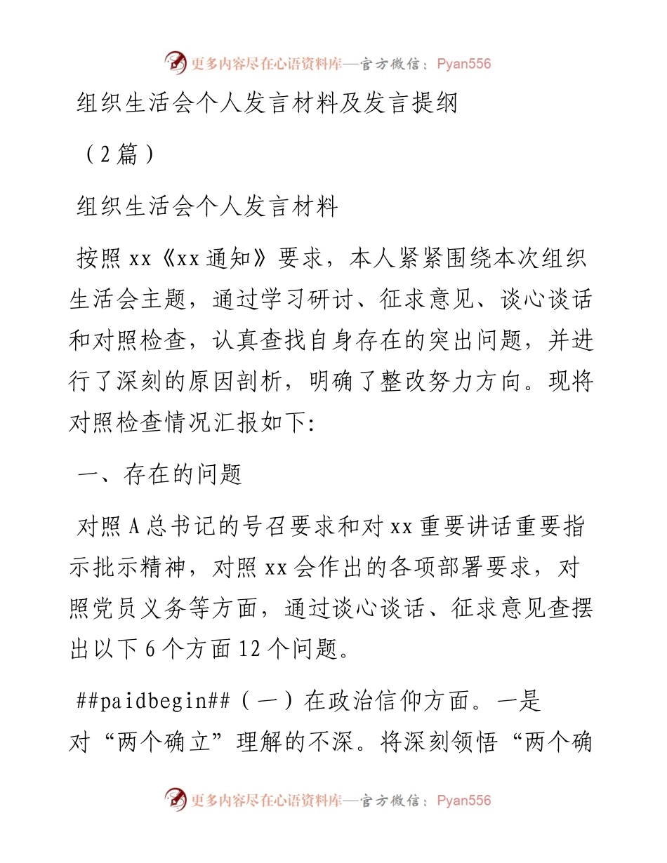 (2篇)组织生活会个人发言材料既发言提纲.docx_第1页