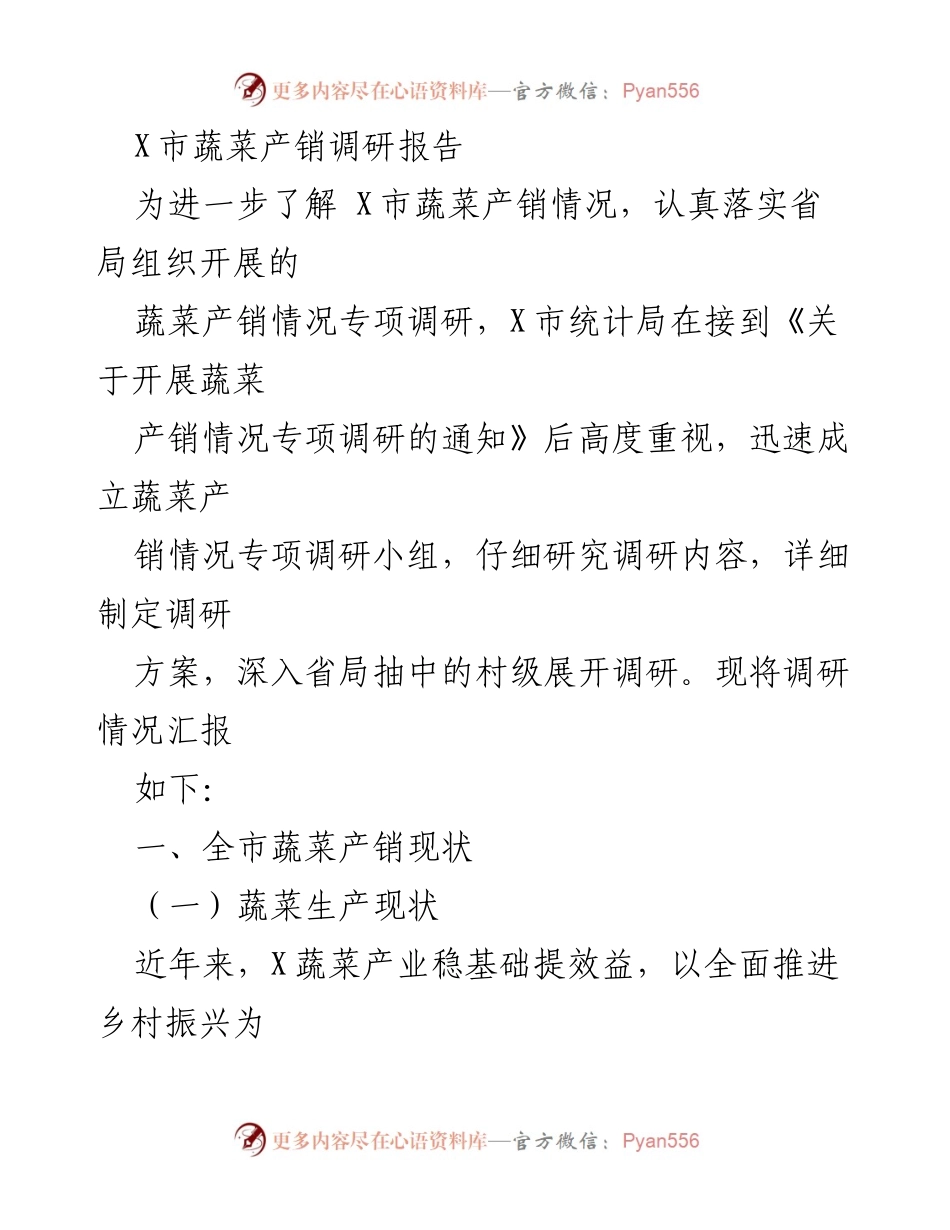 [调研报告] X市蔬菜产销情况 - X市蔬菜产销调研情况汇报.docx_第1页
