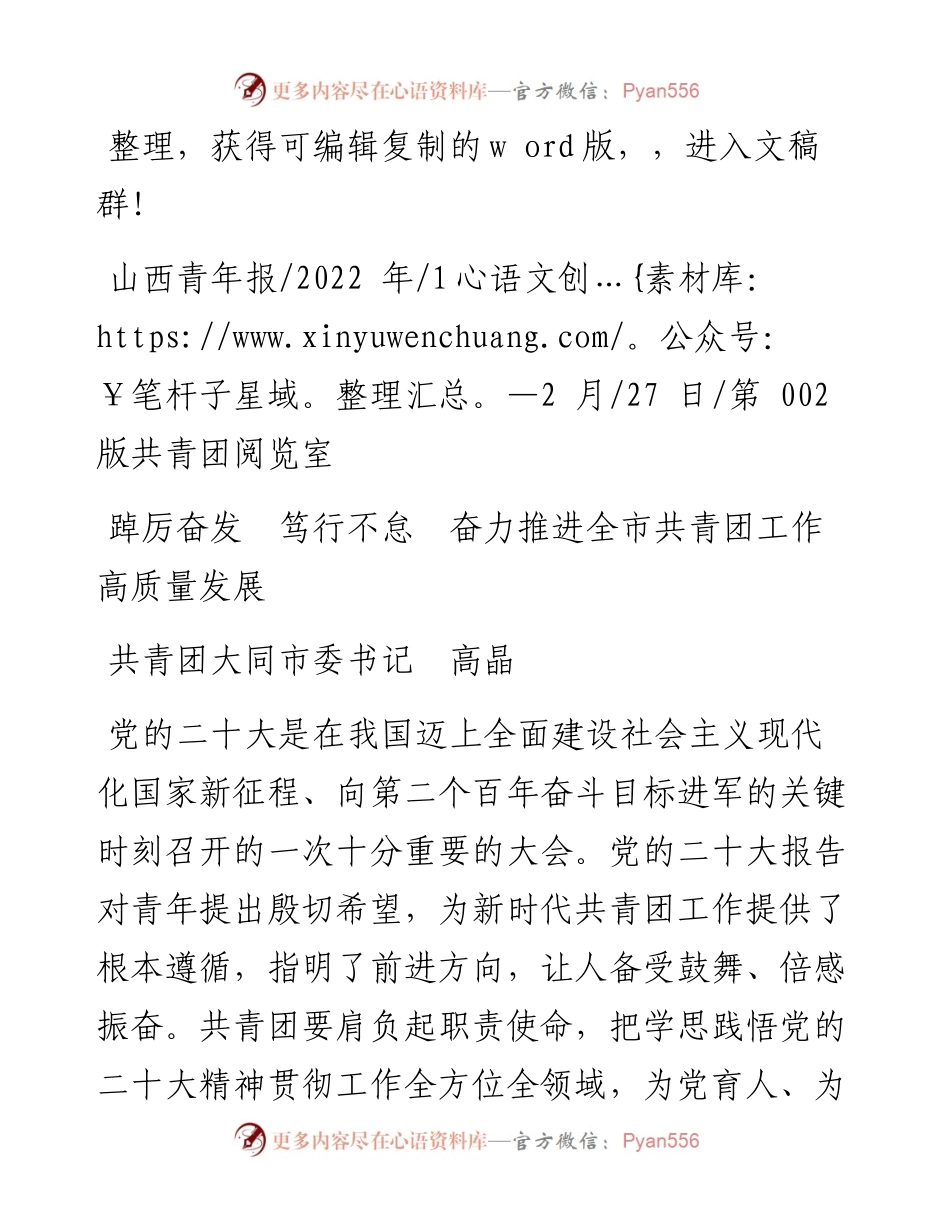.12.27共青团大同市委书记高晶：踔厉奋发笃行不怠奋力推进全市共青团工作高质量发展.docx_第1页