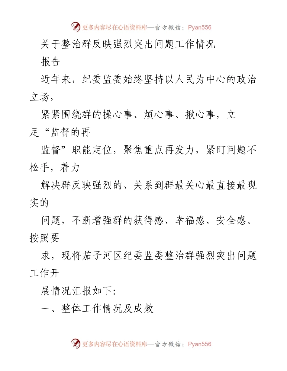 [报告] 整治工作情况 - 加强监督保障，提升群众满意度的整治工作报告.docx_第1页