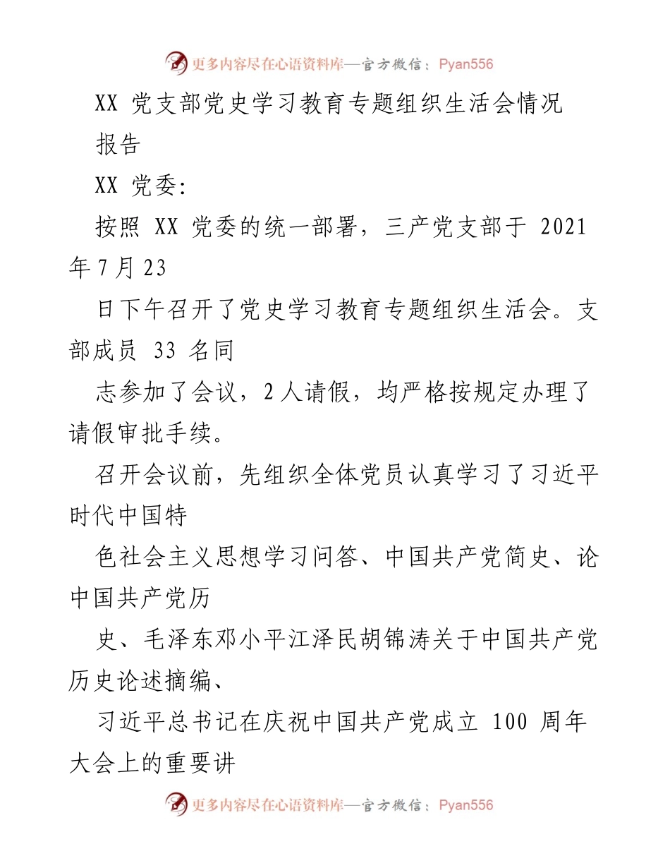 [报告] 党支部 - XX党支部党史学习教育专题组织生活会情况总结.docx_第1页