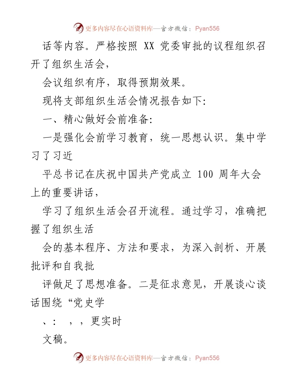 [报告] 党支部 - XX党支部党史学习教育专题组织生活会情况总结.docx_第2页