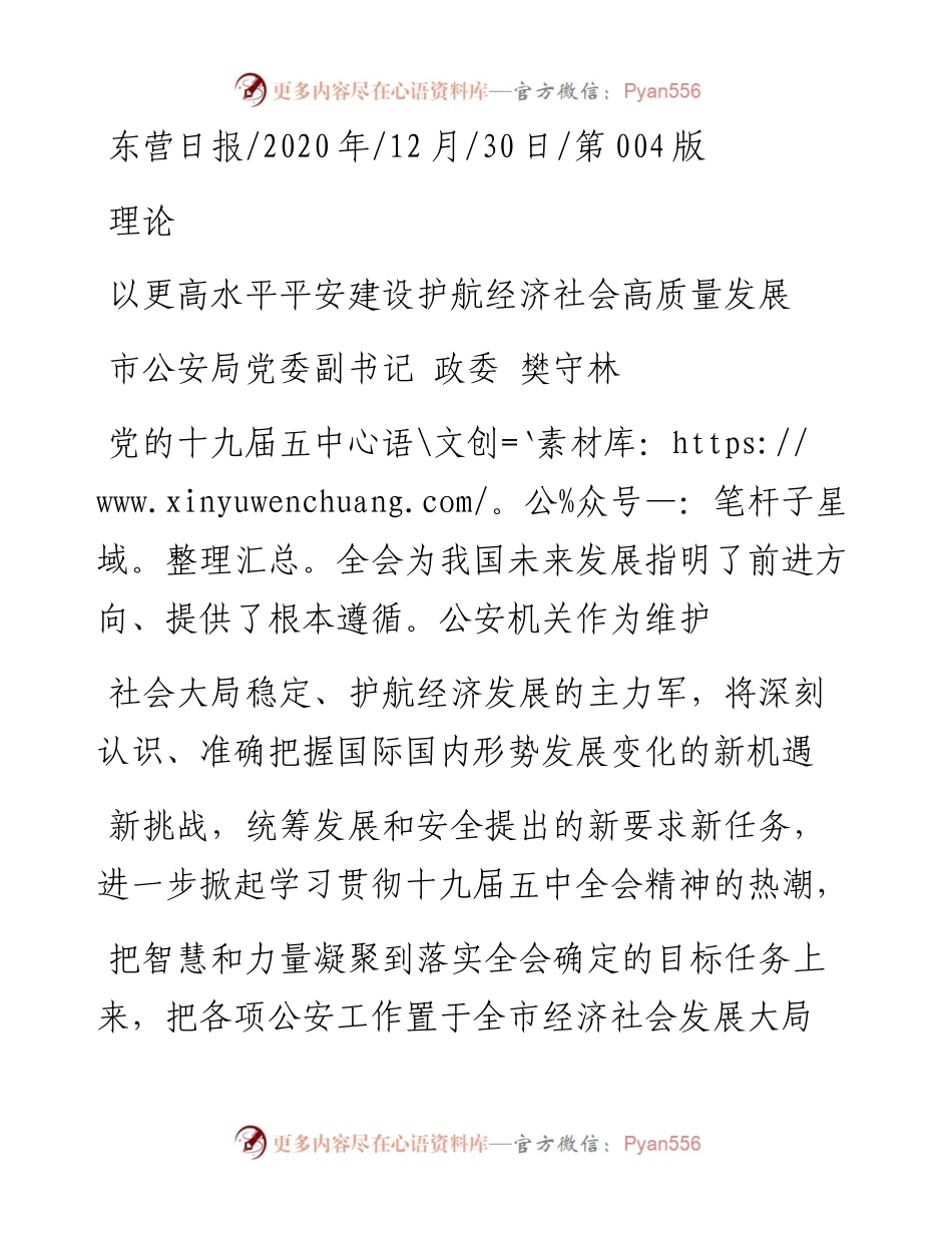 .12.30市公安局党委副书记政委樊守林：以更高水平平安建设护航经济社会高质量发展.docx_第1页