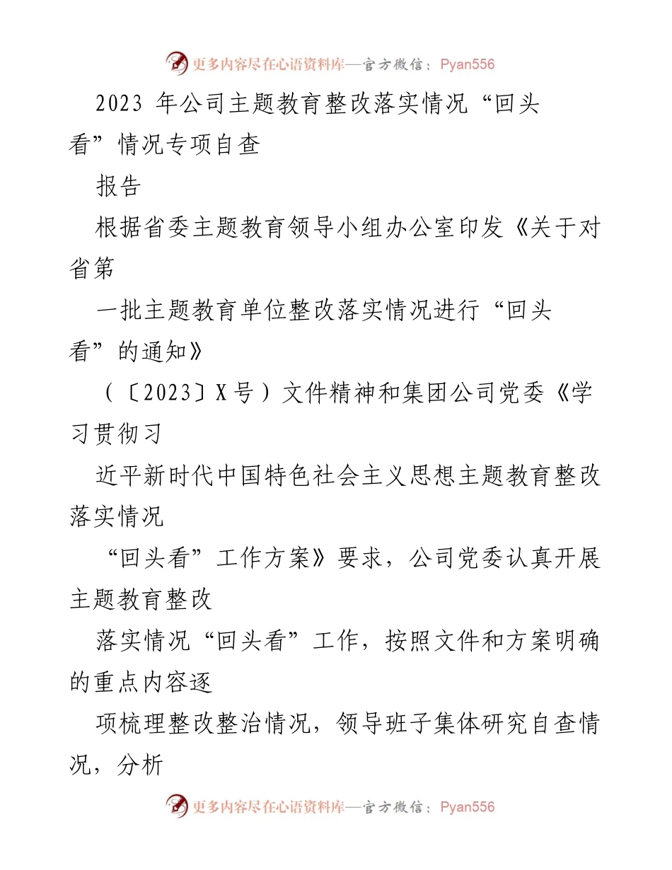 [调研报告] 公司主题教育整改落实 - 2023年公司主题教育整改落实情况专项自查报告.docx_第1页