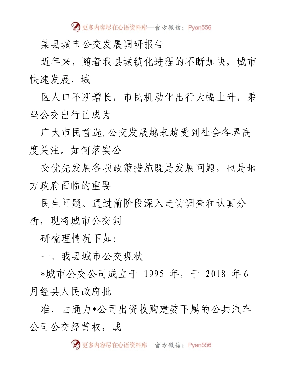 [调研报告] 城市公交发展 - 某县城市公交发展现状与问题分析报告.docx_第1页