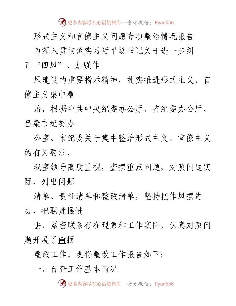 [报告] 形式主义和官僚主义整治 - 形式主义与官僚主义问题专项整治情况报告.docx_第1页