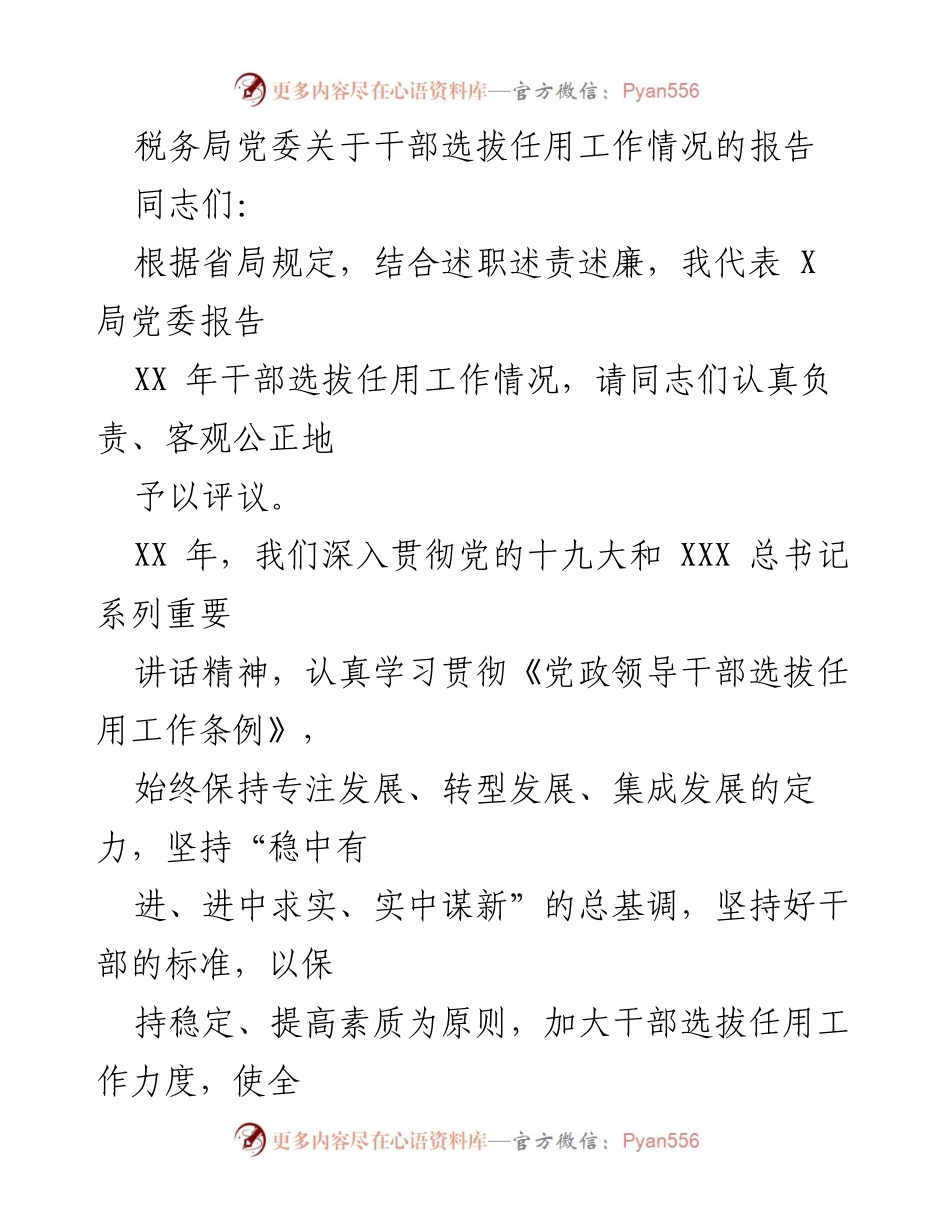 [报告] 税务局党委 - XX年干部选拔任用工作情况总结报告.docx_第1页