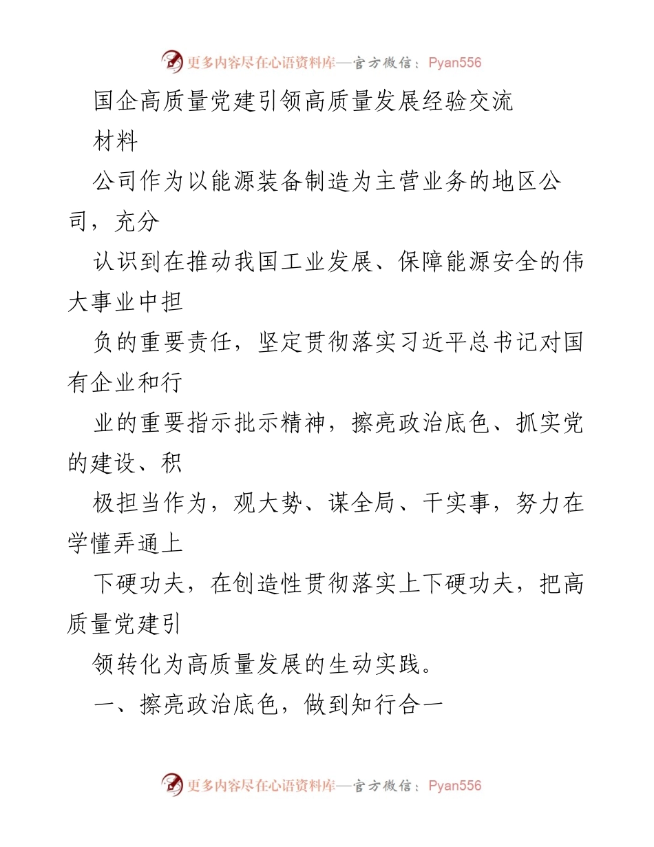 [材料] 经验交流会 - 国企高质量党建引领高质量发展的实践与探索.docx_第1页