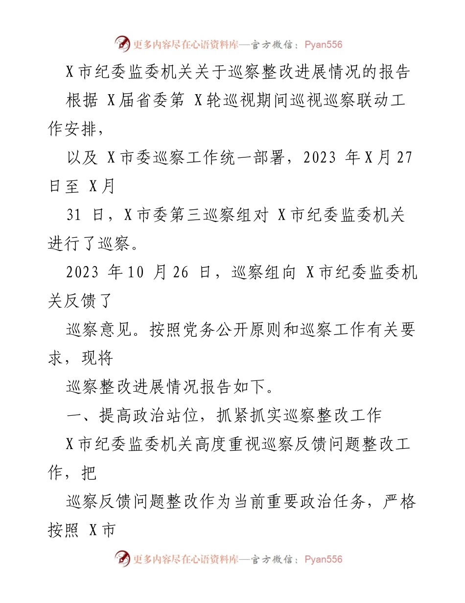 [报告] 巡察整改 - X市纪委监委机关巡察整改进展情况报告.docx_第1页
