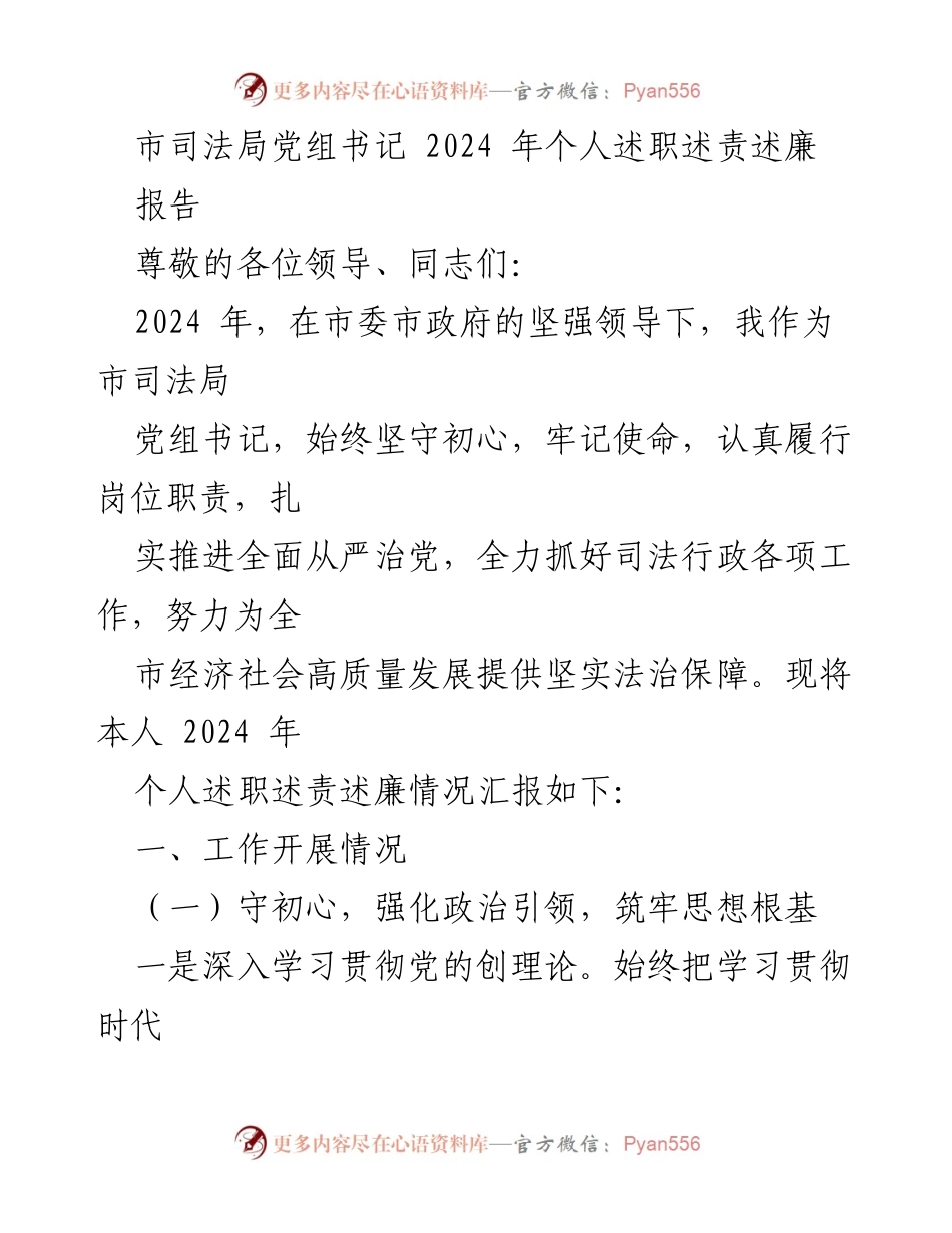 [报告] 述职会议 - 2024年市司法局党组书记个人述职述责述廉报告.docx_第1页