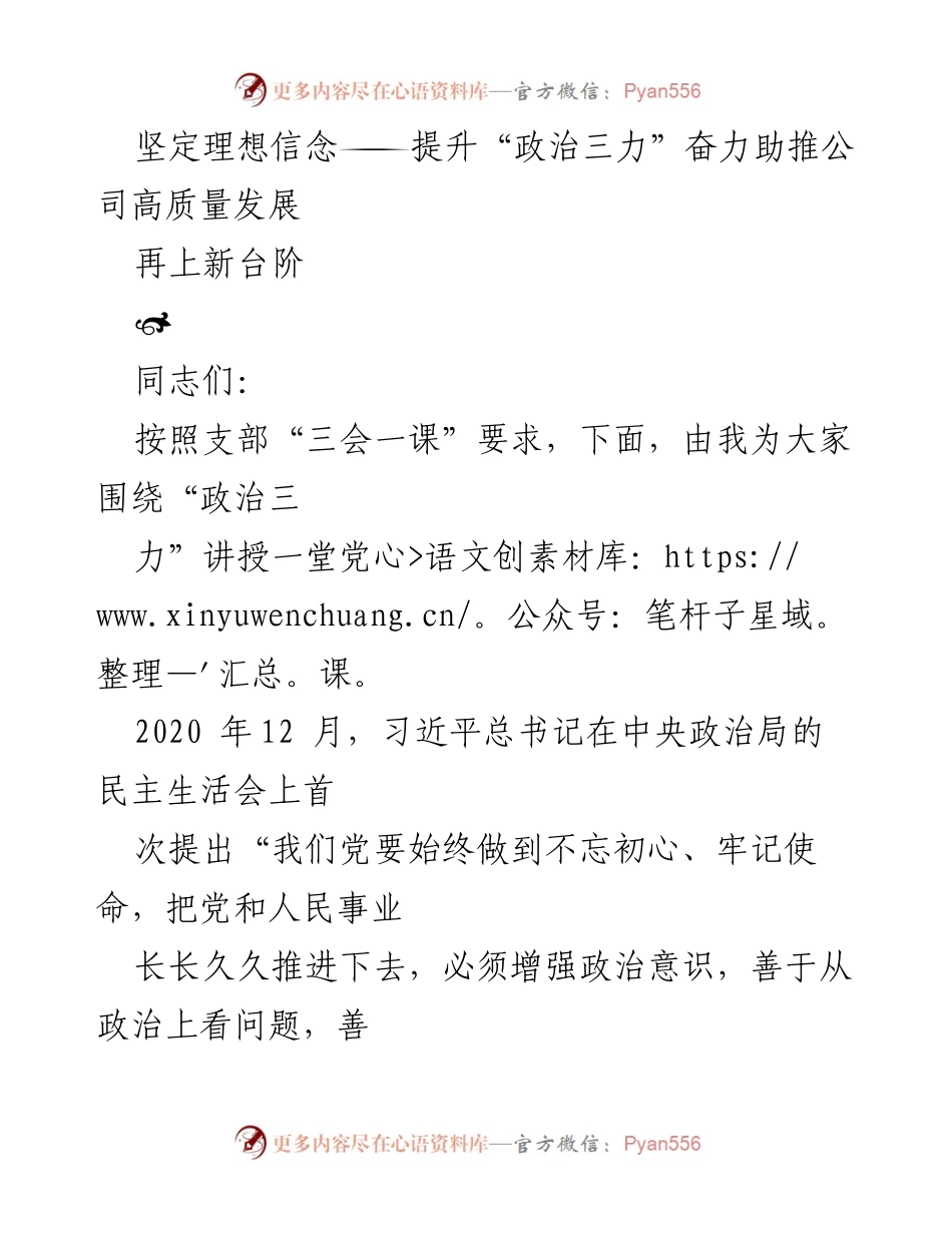 [党课] 党支部学习 - 提升“政治三力”助推公司高质量发展.docx_第1页