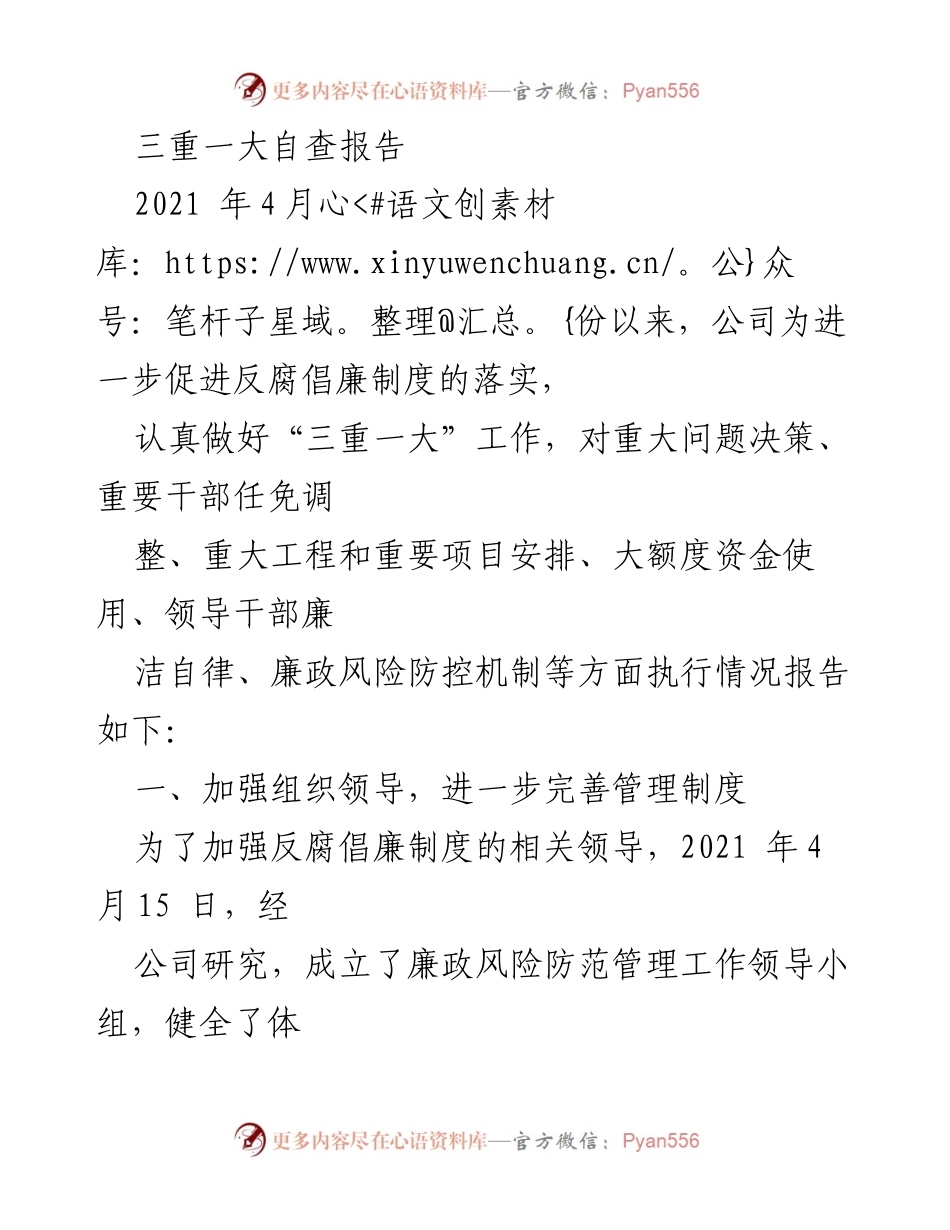 [调研报告] 反腐倡廉工作 - 三重一大自查报告与制度落实情况总结.docx_第1页