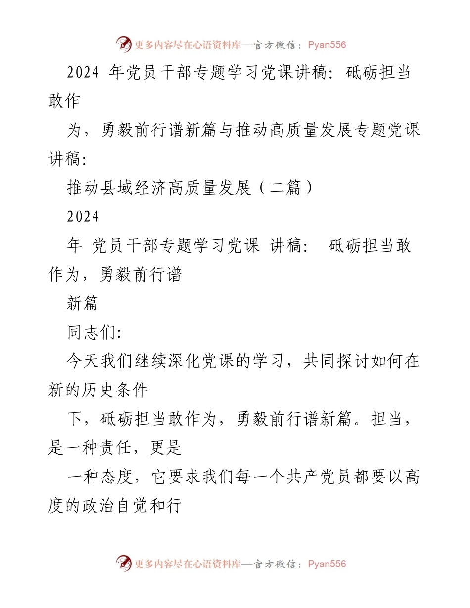 [党课讲稿] 党员干部学习 - 砥砺担当，勇毅前行：推动高质量发展的新篇章.docx_第1页