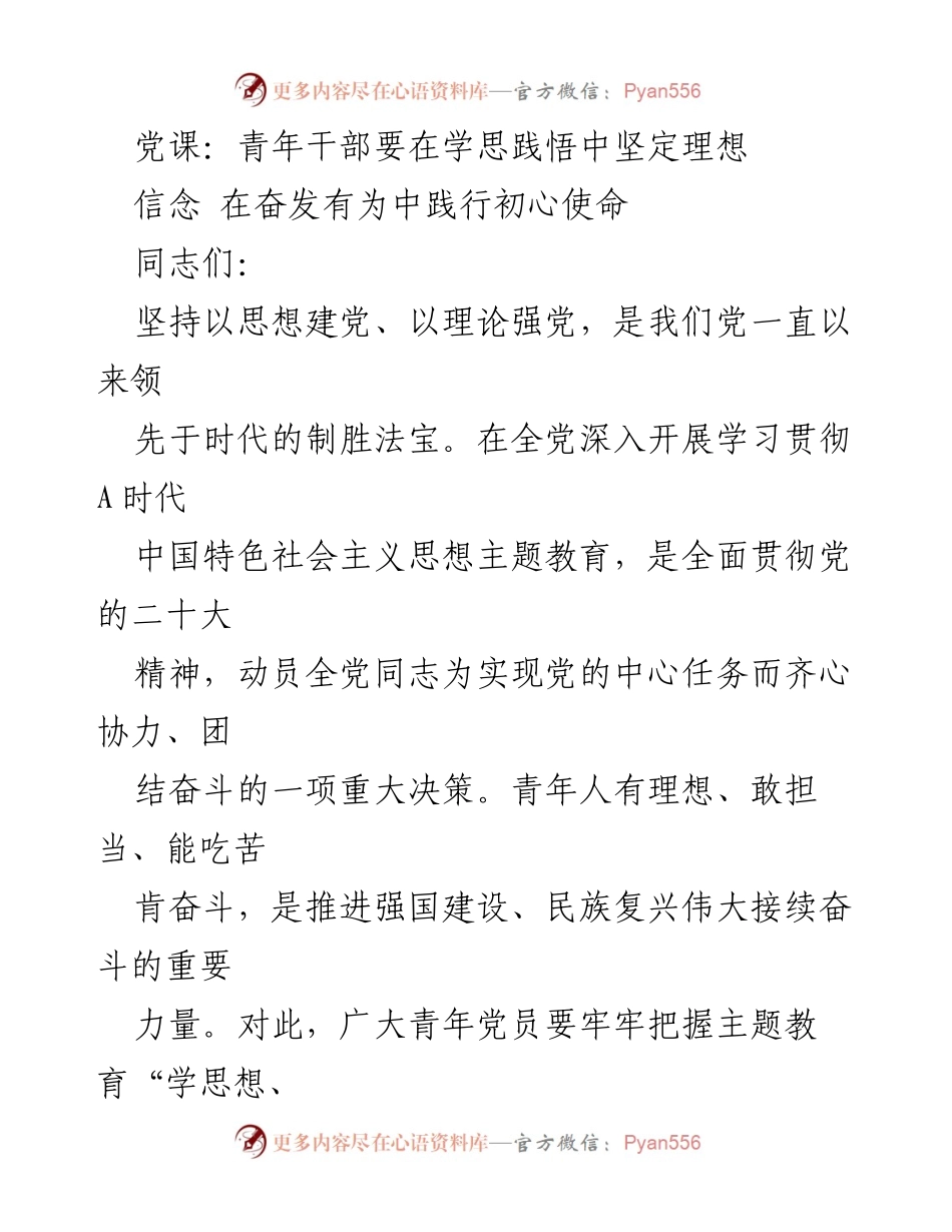 [党课] 青年干部培训 - 青年干部在学思践悟中坚定理想信念.docx_第1页