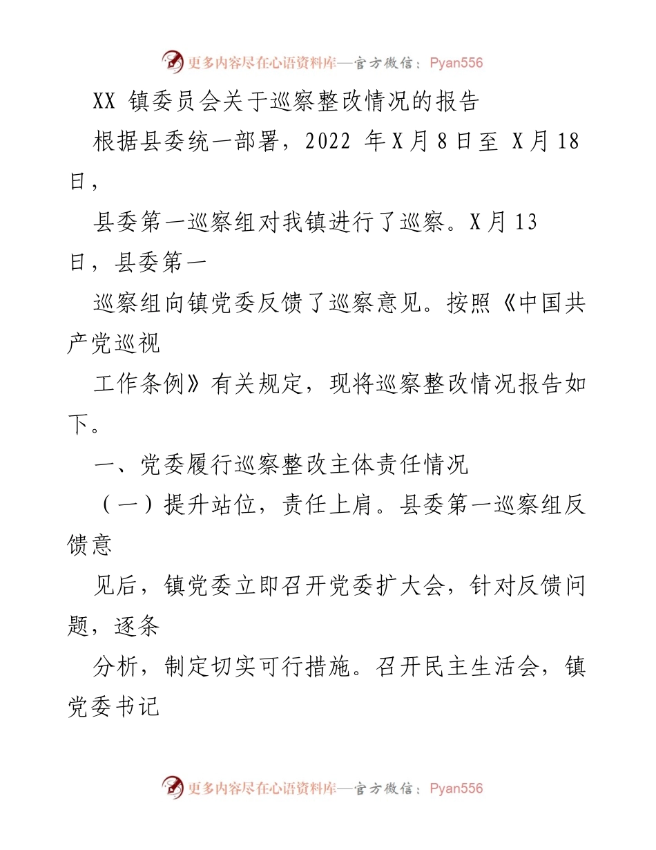 [报告] 巡察整改 - XX镇委员会巡察整改情况报告.docx_第1页