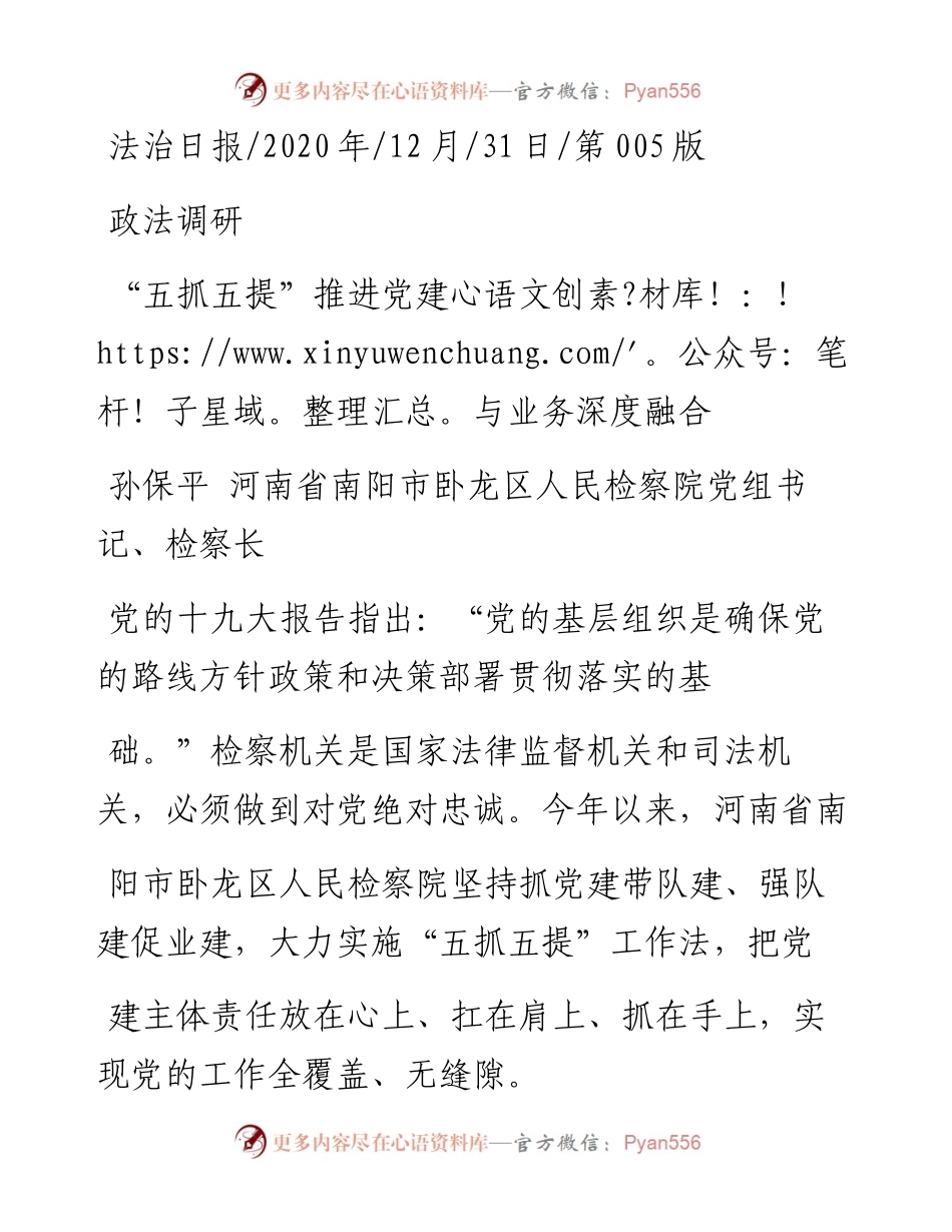 .12.31孙保平河南省南阳市卧龙区人民检察院党组书记、检察长：五抓五提推进党建与业务深度融合.docx_第1页