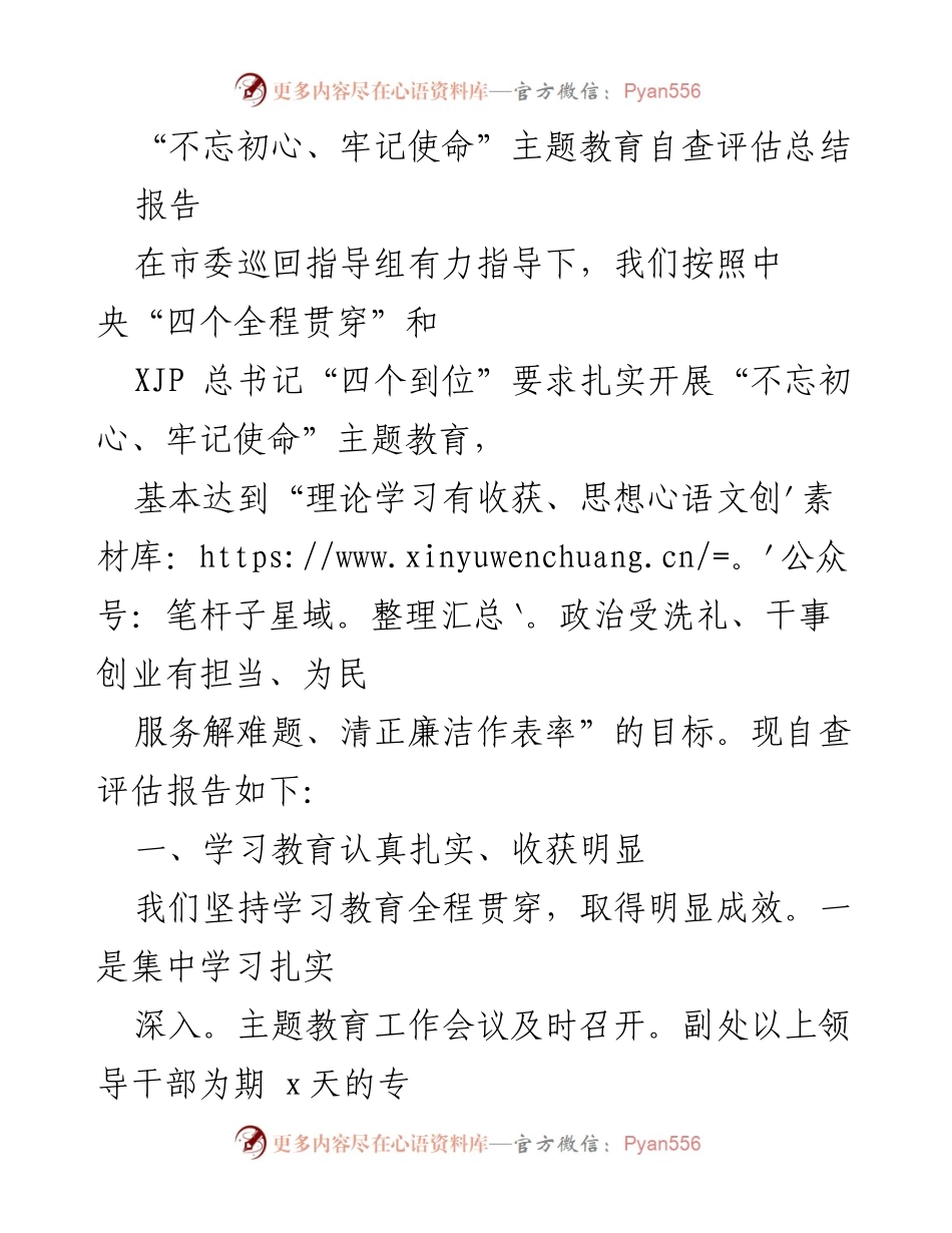 [报告] 自查评估 - 不忘初心、牢记使命主题教育自查评估总结.docx_第1页