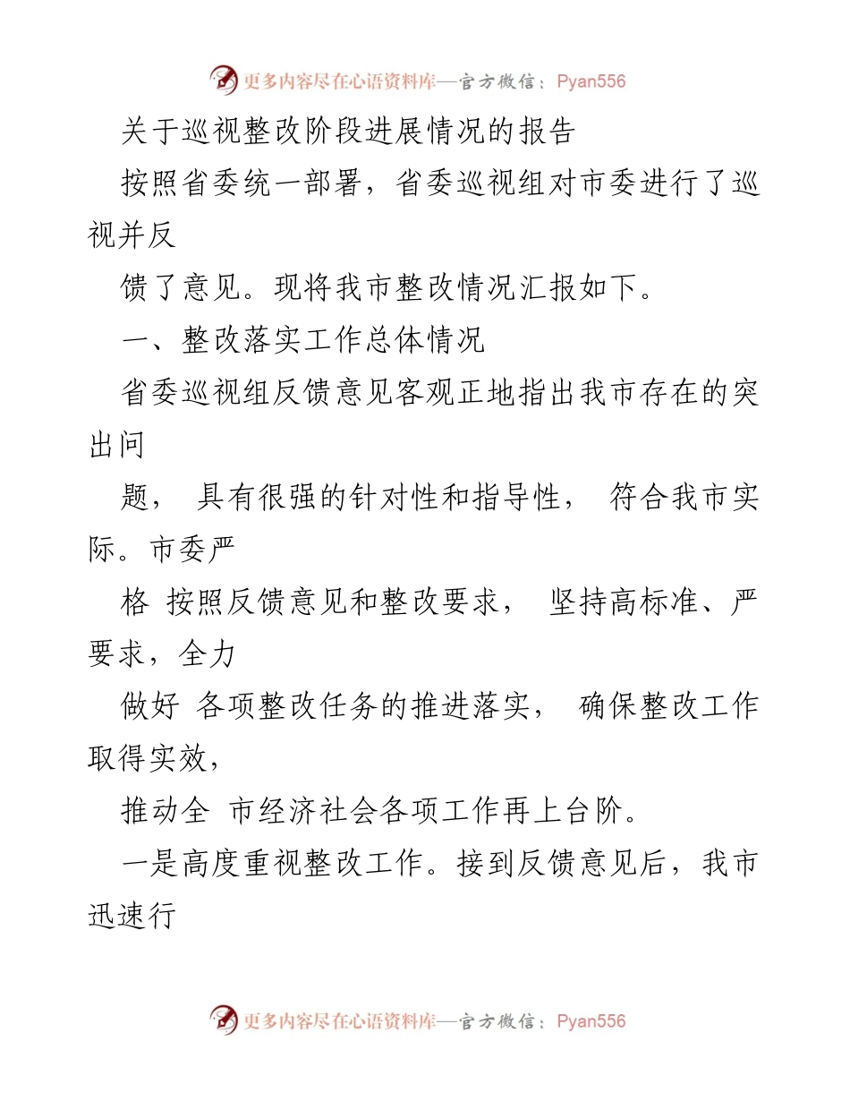 [报告] 巡视整改 - 巡视整改阶段进展情况汇报.docx_第1页