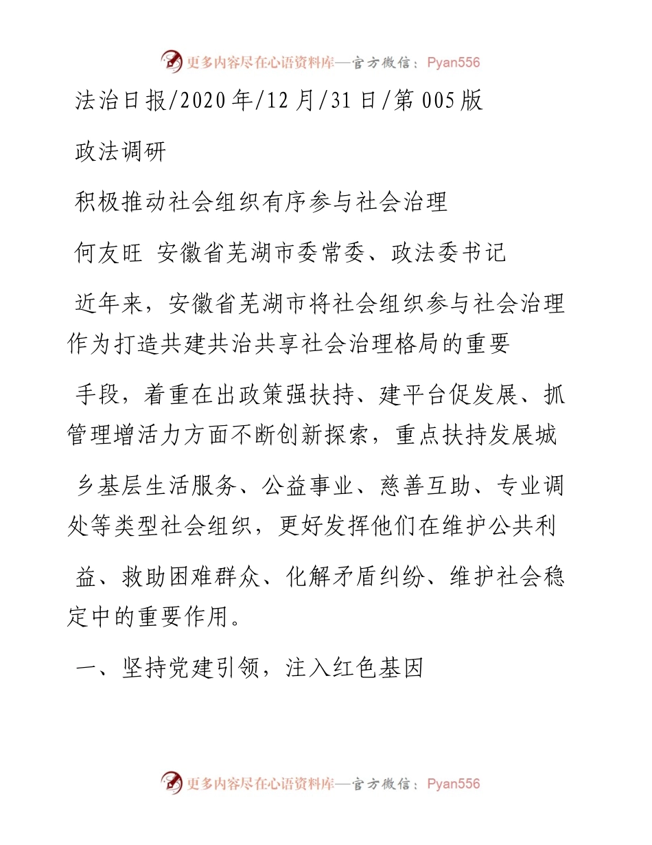 .12.31何友旺安徽省芜湖市委常委、政法委书记：积极推动社会组织有序参与社会治理.docx_第1页