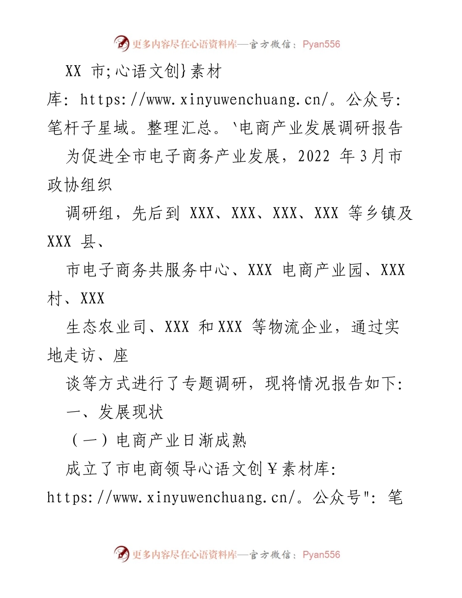 [调研报告] 电商产业发展 - XX市电商产业发展现状与成就分析.docx_第1页