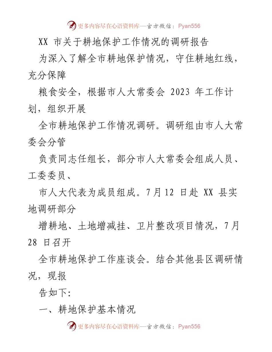 [调研报告] 耕地保护工作 - XX市耕地保护工作情况调研报告.docx_第1页