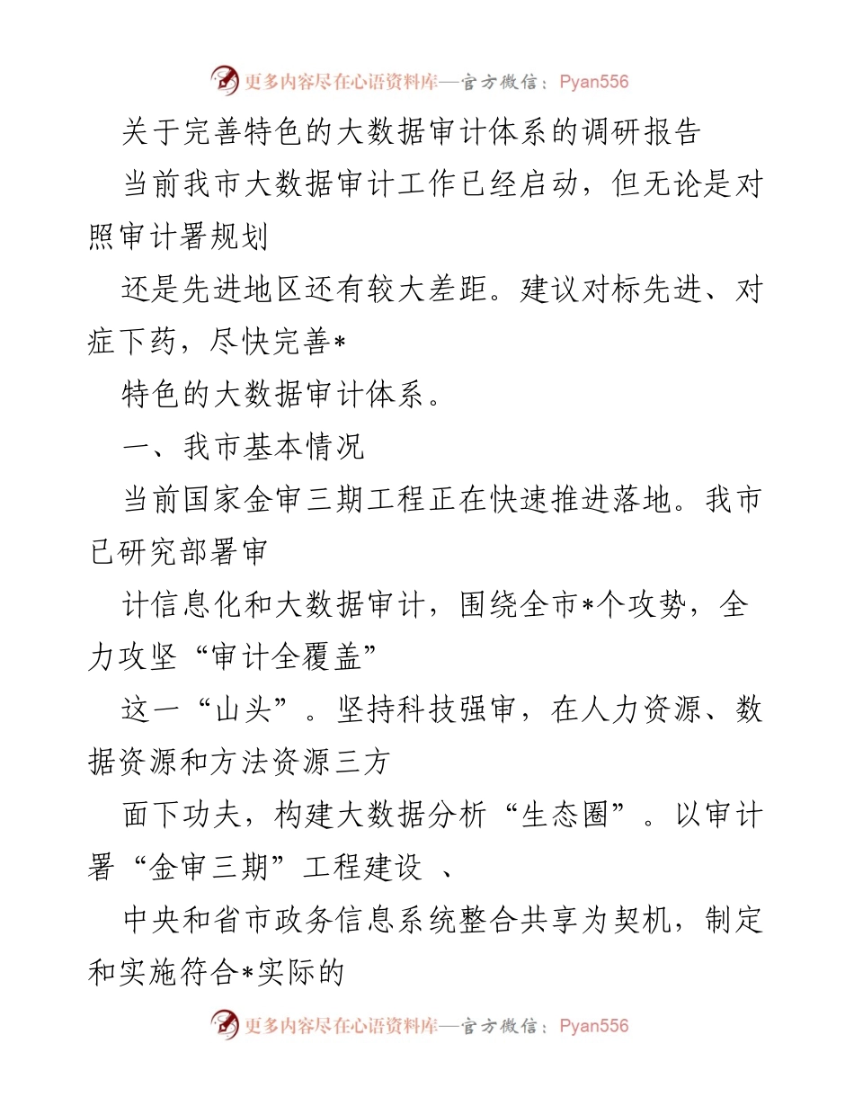 [调研报告] 大数据审计 - 完善我市特色大数据审计体系的建议与现状分析.docx_第1页
