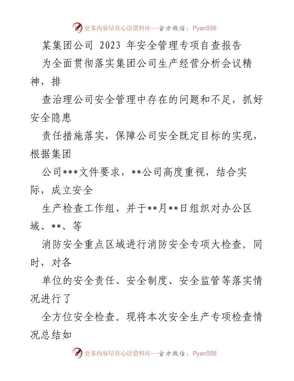 [调研报告] 安全管理 - 2023年安全管理专项自查报告总结_1.docx_第1页