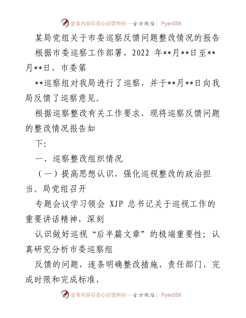 [报告] 巡察整改 - 市委巡察反馈问题整改情况报告.docx_第1页