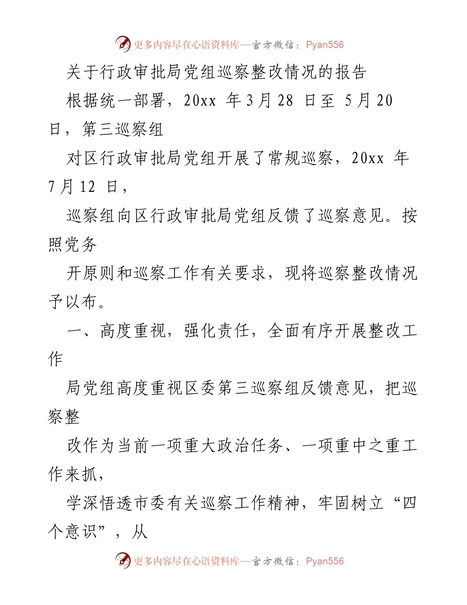 [报告] 行政审批局 - 行政审批局党组巡察整改情况报告.docx_第1页