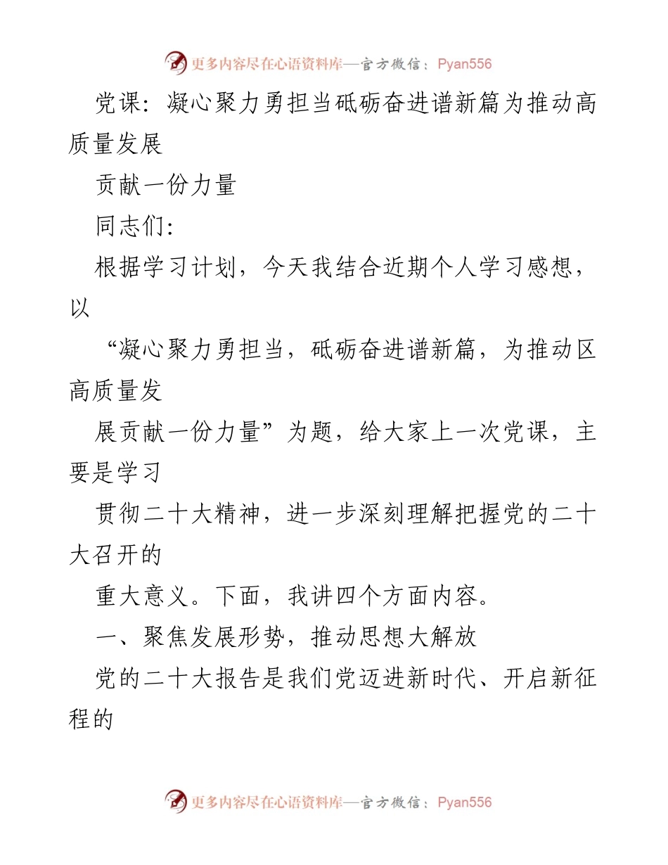 [党课] 党员学习 - 凝心聚力勇担当，砥砺奋进谱新篇，为推动高质量发展贡献力量.docx_第1页