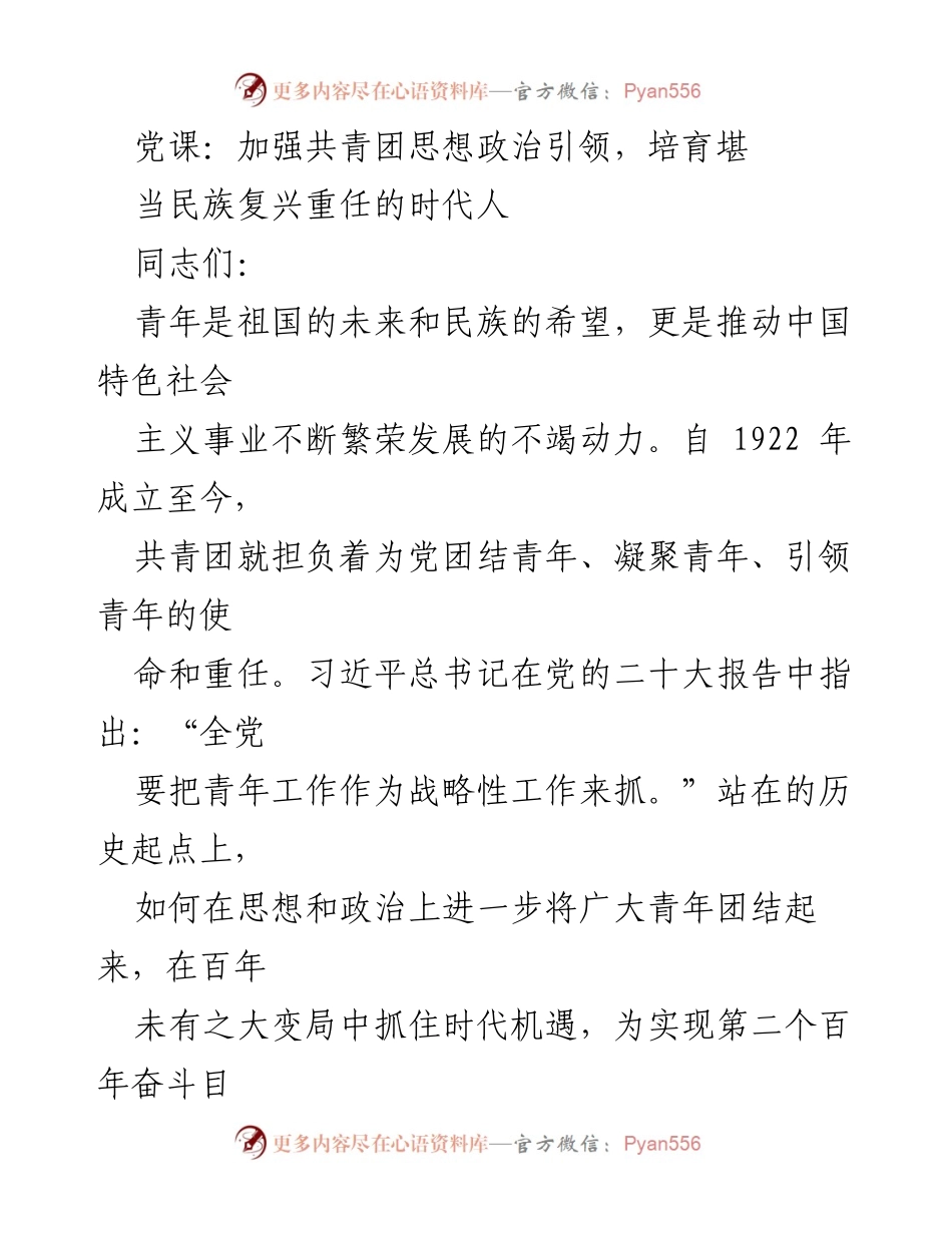 [党课] 青年思想政治引领 - 加强共青团思想政治引领，培育时代担当的青年.docx_第1页